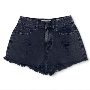 Bullhead Distressed Fringe Gray Black Denim Mom Short size 5